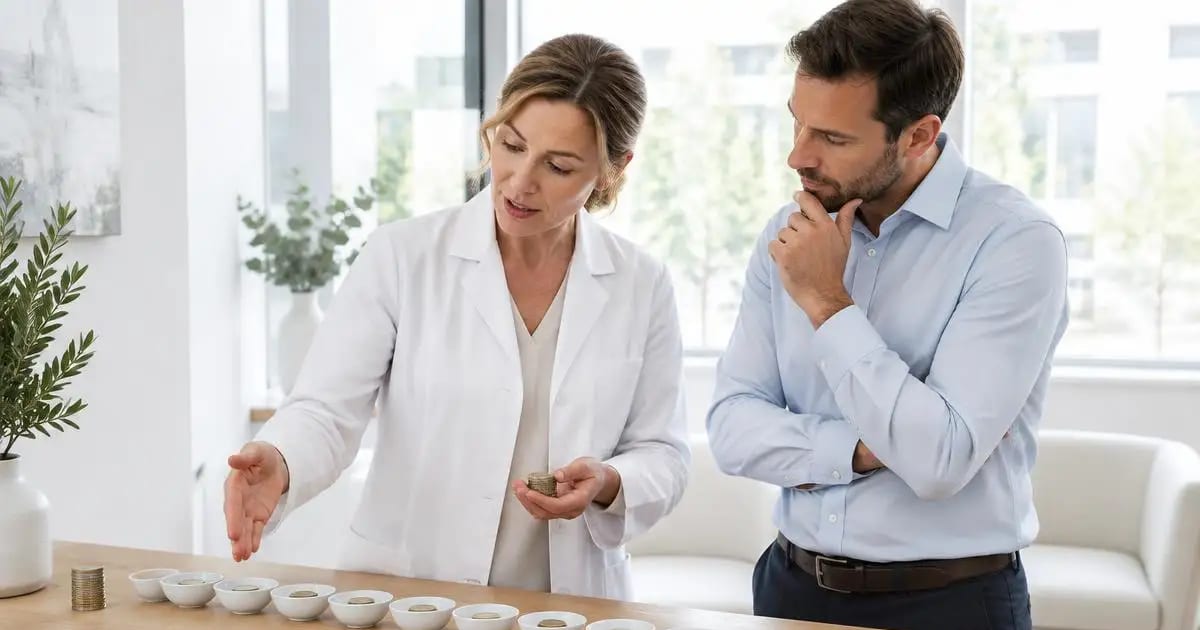 Ärztin und Praxismanager planen an einer Theke das Monatsbudget für Praxismarketing in der Ästhetik