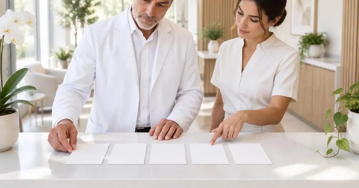 Arzt und Praxismanagerin vergleichen fünf Optionen an einem hellen Tresen für Alternativen zur Marketingagentur
