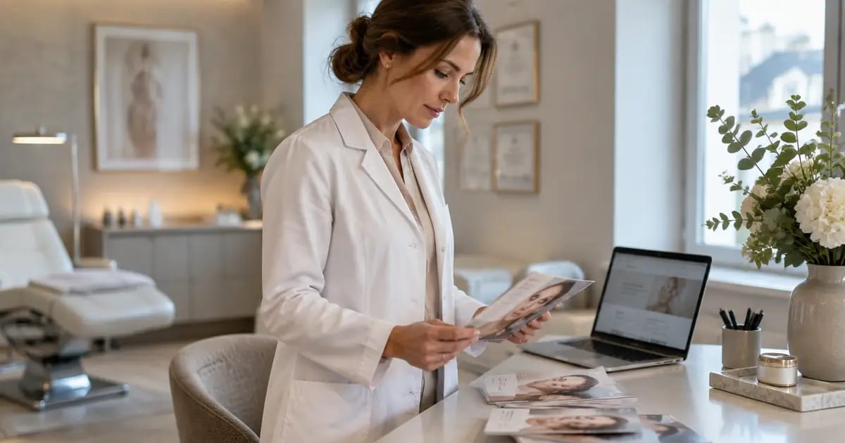 Ärztin vergleicht Marketing-Unterlagen am Schreibtisch einer hellen Praxis für ästhetische Medizin